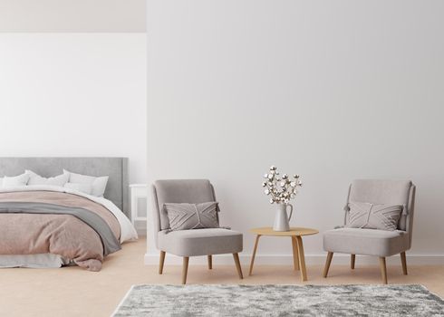 Empty white wall in modern and cozy bedroom. Mock up interior in minimalist, contemporary style. Free, copy space for your picture, text, or another design. Bed, armchairs, cotton plant. 3D rendering