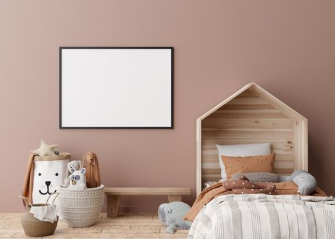 Empty horizontal picture frame on brown wall in modern child room. Mock up interior in scandinavian style. Free, copy space for your picture, poster. Bed, toys. Cozy room for kids. 3D rendering