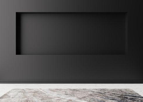 Empty room, black wall and white marble floor with carpet. Only wall and floor. Mock up interior. Free, copy space for your furniture, picture and other objects. 3D rendering