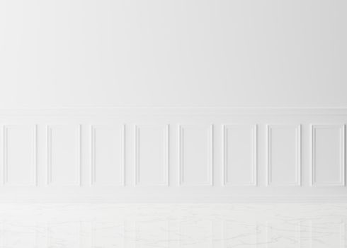 Empty room, white wall with moldings and marble floor. Only wall and floor. Mock up interior. Free, copy space for your furniture, picture and other objects. 3D rendering