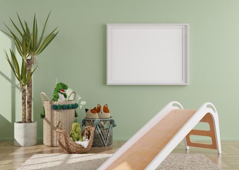 Empty horizontal picture frame on green wall in modern child room. Mock up interior in scandinavian style. Free, copy space for your picture. Plant, rattan basket. Cozy room for kids. 3D rendering