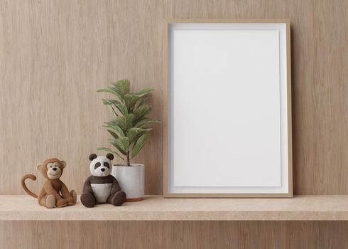 Empty vertical picture frame standing on shelve in modern child room. Mock up interior in contemporary style. Free, copy space for picture. Plant, plush toys. 3D rendering