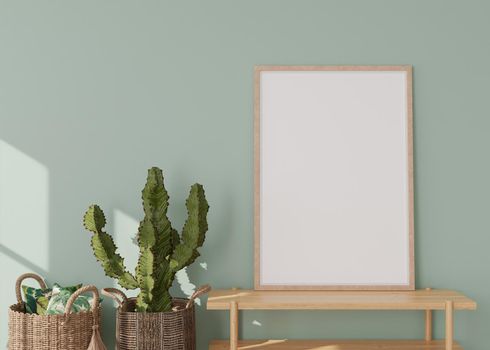 Empty vertical picture frame on light green wall in modern living room. Mock up interior in contemporary style. Free, copy space for picture. Rattan basket, cactus. 3D rendering