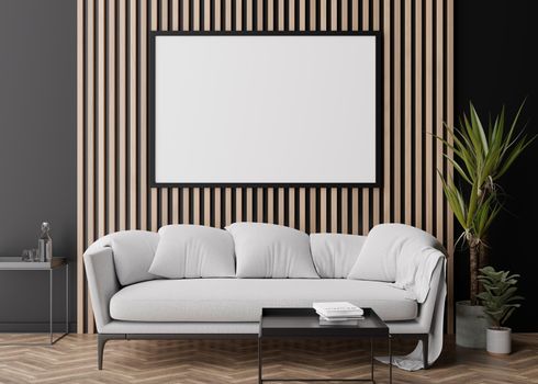 Empty black picture frame on wooden wall in modern living room. Mock up interior in contemporary style. Free space, copy space for your picture, poster. Sofa, table, plants. 3D rendering