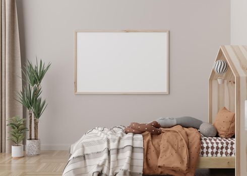 Empty horizontal picture frame on cream wall in modern child room. Mock up interior in scandinavian style. Free, copy space for your picture, poster. Bed, toys. Cozy room for kids. 3D rendering