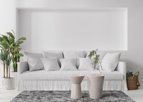 Empty white wall in modern living room. Mock up interior in minimalist, scandinavian style. Free, copy space for your picture, text, or another design. Sofa, plants, tables. 3D rendering