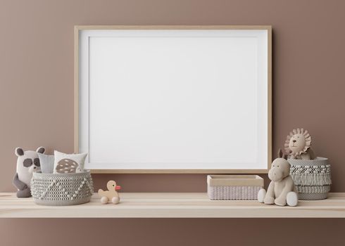 Empty horizontal picture frame hanging on brown wall in modern child room. Mock up interior in contemporary style. Free, copy space for picture. Rattan baskets, plush toys. 3D rendering