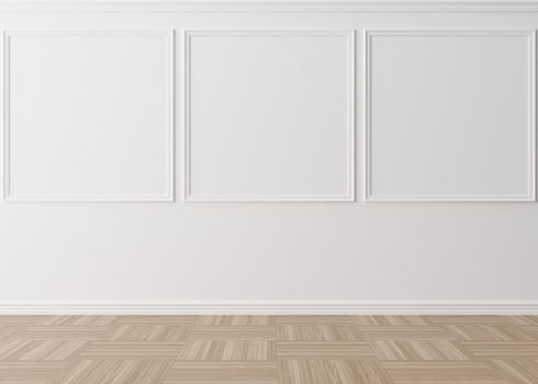 Empty room, white wall with moldings and parquet floor. Only wall and floor. Mock up interior. Free, copy space for your furniture, picture and other objects. 3D rendering