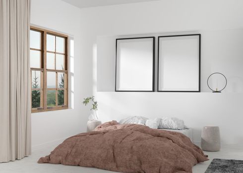 Two empty vertical picture frames on white wall in modern bedroom. Mock up interior in scandinavian style. Free space for picture, poster. Bed, plant. 3D rendering