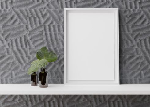 Empty vertical picture frame standing on shelve in modern room. Mock up interior in contemporary style. Free, copy space for picture. Plants. 3D rendering