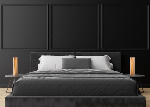 Empty black wall in modern and cozy bedroom. Mock up interior in minimalist, contemporary style. Free space, copy space for your picture, text, or another design. Bed, lamps. 3D rendering