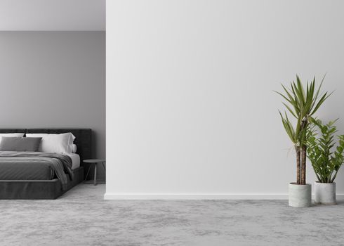 Empty room, concrete floor and light gray wall. Bed, plant. Mock up interior. Free, copy space for your furniture, picture, decoration and other objects. 3D rendering