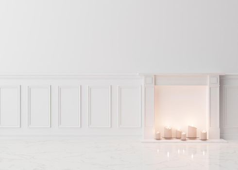 Empty room, white wall with moldings and marble floor. Only wall, floor and decorative fireplace. Mock up interior. Free, copy space for your furniture, picture and other objects. 3D rendering