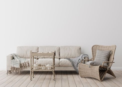 Empty white wall in modern living room. Mock up interior in scandinavian, boho style. Free, copy space for your picture, text, or another design. Sofa, rattan armchair, macrame. 3D rendering