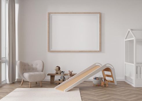 Empty horizontal picture frame on white wall in modern child room. Mock up interior in scandinavian style. Free, copy space for picture. Bed, armchair, toys. Cozy room for kids. 3D rendering