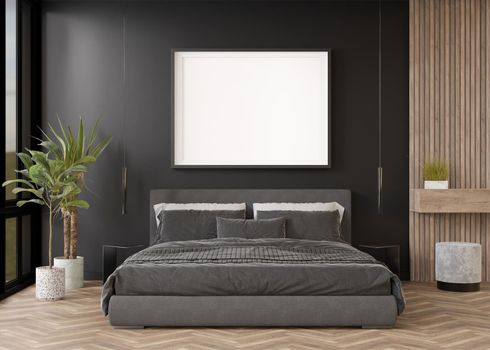 Empty picture frame on black wall in modern bedroom. Mock up interior in contemporary style. Free, copy space for your picture, poster. Bed, plants. 3D rendering