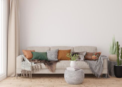 Empty white wall in modern living room. Mock up interior in scandinavian, boho style. Free, copy space for your picture, text, or another design. Sofa, plants. 3D rendering