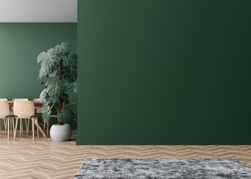 Room with parquet floor, dark green wall and empty space. Table with chairs, monstera plant. Mock up interior. Free, copy space for your furniture, picture, decoration and other objects. 3D rendering