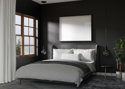 Empty picture frame on black wall in modern bedroom. Mock up interior in contemporary style. Free, copy space for your picture, poster. Bed, plants. 3D rendering