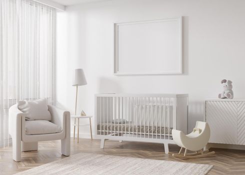 Empty horizontal picture frame on white wall in modern child room. Mock up interior in scandinavian style. Free, copy space for picture. Bed, armchair, toys. Cozy room for kids. 3D rendering