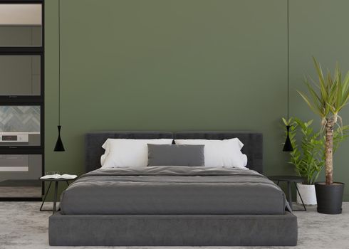 Empty green wall in modern and cozy bedroom. Mock up interior in contemporary style. Free, copy space for your picture, text, or another design. Bed, plants, lamps. 3D rendering