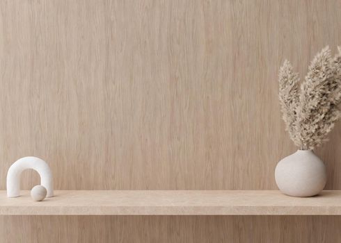 Empty wooden wall. Mock up interior in contemporary style. Close up view. Free, copy space for your picture or other small object. Shelve, pampas grass in vase, sculpture. 3D rendering