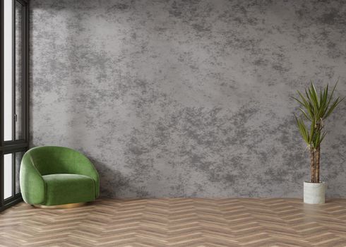 Empty room, concrete wall and parquet floor. Only wall, floor, armchair and plant. Mock up interior. Free, copy space for your furniture, picture, decoration and other objects. 3D rendering