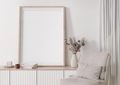 Empty vertical picture frame on white wall in modern living room. Mock up interior in contemporary, scandinavian style. Free, copy space for picture. Console, pampas grass. Close up. 3D rendering