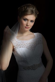 Beautiful bride with a wedding hairstyle - on a dark background. Portrait of a gorgeous bride. Wedding. The bride in a white dress holds a veil.