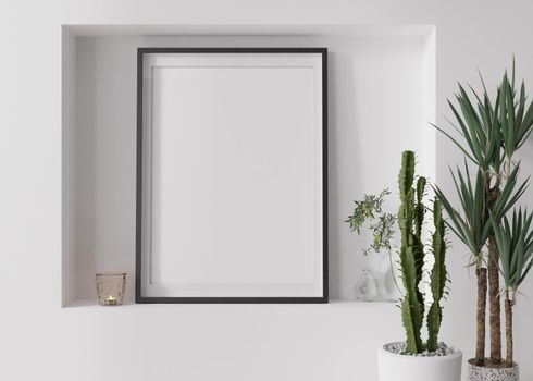 Empty vertical picture frame on white wall in modern living room. Mock up interior in contemporary, scandinavian style. Free, copy space for picture. Plants, candle. Close up. 3D rendering