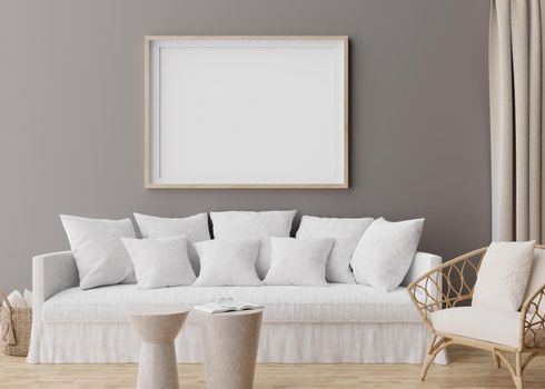 Empty horizontal picture frame on grey wall in modern living room. Mock up interior in scandinavian, boho style. Free, copy space for your picture, poster. Rattan armchair, sofa. 3D rendering