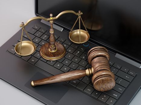 Judge gavel and balanced scale standing on laptop computer keyboard. 3D illustration.