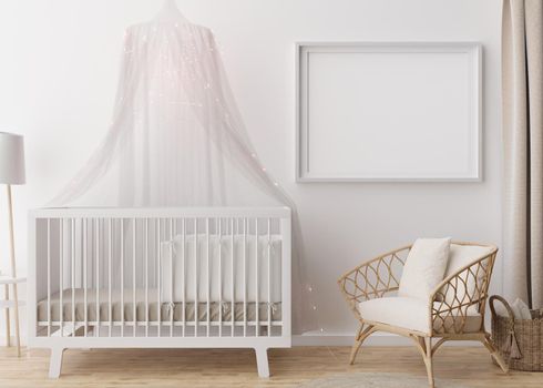 Empty horizontal picture frame on white wall in modern child room. Mock up interior in scandinavian style. Free, copy space for picture. Baby bed, rattan armchair. Cozy room for kids. 3D rendering