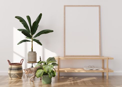Empty vertical picture frame. Mock up interior in boho style. Free, copy space for picture or poster. Plants, rattan basket, cat. Close-up view. 3D rendering