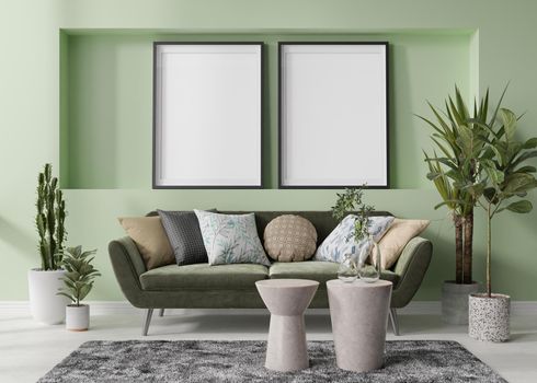 Two empty vertical picture frames on green wall in modern living room. Mock up interior in contemporary, scandinavian style. Free space for picture, poster. Sofa, table, carpet, plants. 3D rendering
