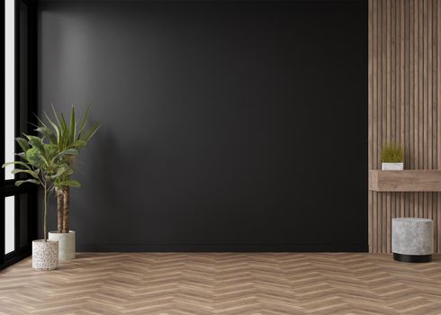 Empty room, black wall and parquet floor. Indoor plants. Mock up interior. Free, copy space for your furniture, picture and other objects. 3D rendering