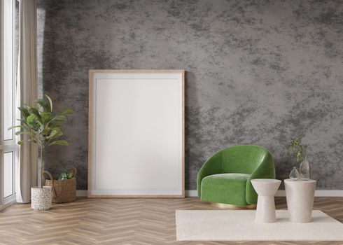 Empty vertical picture frame standing on parquet floor in modern living room. Mock up interior in contemporary style, concrete wall. Free, copy space for picture. Armchair, plant. 3D rendering