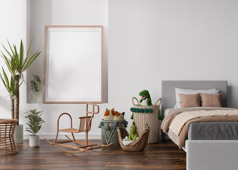 Empty vertical picture frame on white wall in modern child room. Mock up interior in scandinavian, boho style. Free, copy space for your picture. Bed, toys. Cozy room for kids. 3D rendering
