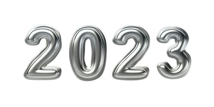 Happy New Year 2023. Concept image with silver balloons, front view.