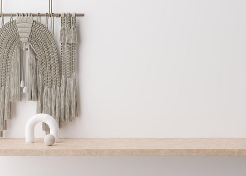 Empty white wall. Mock up interior. Close up view. Free, copy space for your picture or other small object. Shelve, macrame, sculpture. 3D rendering