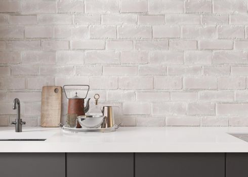 Empty white brick wall in kitchen. Mock up interior. Close up view. Free, copy space for your picture or other small object. 3D rendering