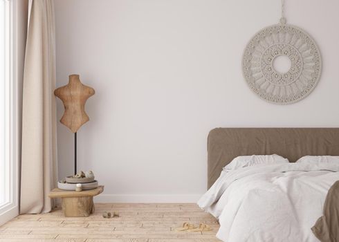 Empty white wall in modern bedroom. Mock up interior in scandinavian, boho style. Free, copy space for your picture, text, or another design. Bed, macrame. 3D rendering