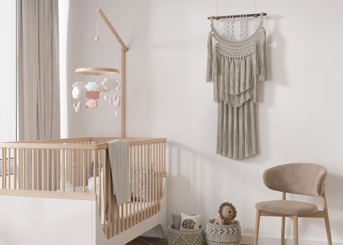 Handmade macrame hanging on the wall in baby room. Wall decor in Boho style, made of cotton threads in natural color using the macrame technique. Beautiful macrame wall panel, cozy room. 3D rendering