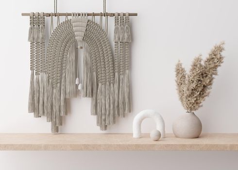 Handmade macrame hanging on the wall. Wall decor in Boho style, made of cotton threads in natural color using the macrame technique. Beautiful macrame wall panel, vase with pampas grass. 3D rendering