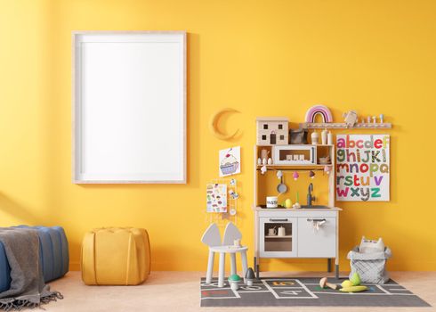 Empty vertical picture frame on yellow wall in modern child room. Mock up interior in scandinavian style. Free, copy space for your picture. Play kitchen, toys. Cozy room for kids. 3D rendering