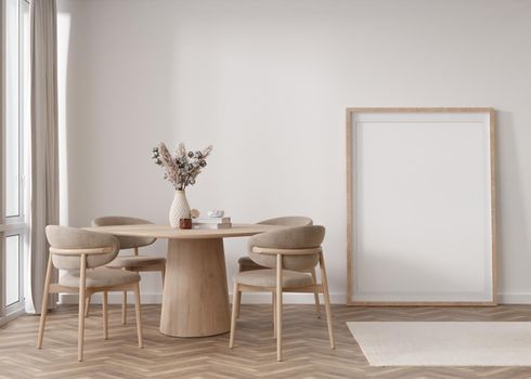 Empty vertical picture frame standing on parquet floor in modern living room. Mock up interior in scandinavian, boho style. Free, copy space for picture. Table, chairs, pampas grass. 3D rendering
