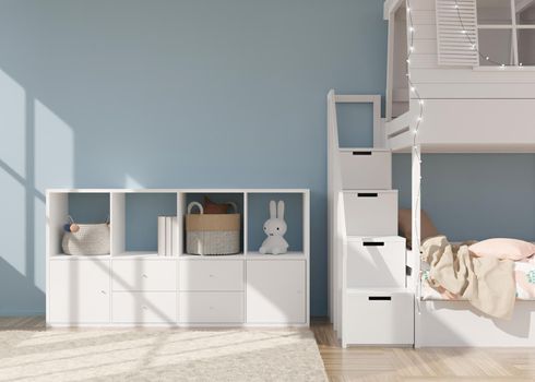 Empty light blue wall in modern child room. Mock up interior in scandinavian style. Copy space for your picture or poster. Bed, sideboard, toys. Cozy room for kids. 3D rendering