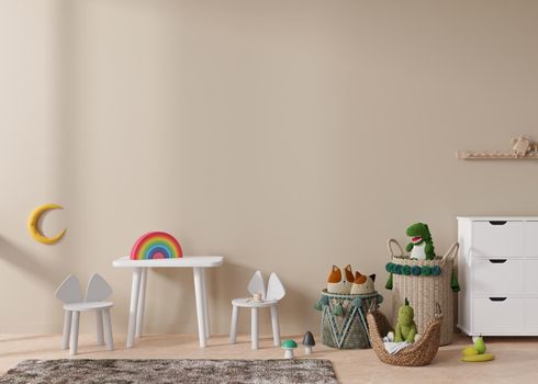 Empty light brown wall in modern child room. Mock up interior in scandinavian style. Copy space for your picture or poster. Table with chairs, rattan basket, toys. Cozy room for kids. 3D rendering