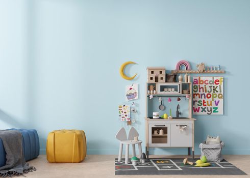 Empty light blue wall in modern child room. Mock up interior in scandinavian style. Copy space for your picture or poster. Cozy room for kids. 3D rendering