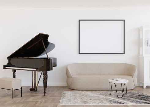 Empty black picture frame on white wall in modern living room. Mock up interior in contemporary style. Free, copy space for your picture, poster. Sofa, carpet, piano. 3D rendering